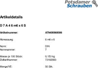 DIN 7 A 4 6 m6 x 6 A 4 VE=S