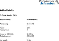 DIN 7 A 4 8 m6 x 70 A 4 VE=S