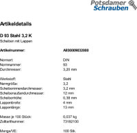 100 Scheiben mit Lappen DIN 93 Stahl 3,2
