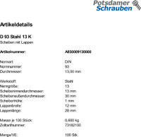 100 Scheiben mit Lappen DIN 93 Stahl 13