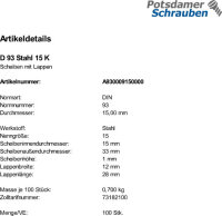 100 Scheiben mit Lappen DIN 93 Stahl 15