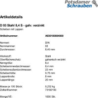 1000 Scheiben mit Lappen DIN 93 verzinkt 8,4
