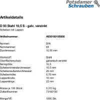 1000 Scheiben mit Lappen DIN 93 verzinkt 10,5