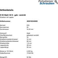 50 Scheiben mit Lappen DIN 93 verzinkt 34