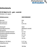 100 Scheiben mit Lappen DIN 93 verzinkt 6,4