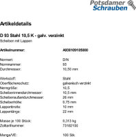 100 Scheiben mit Lappen DIN 93 verzinkt 10,5