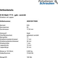 100 Scheiben mit Lappen DIN 93 verzinkt 17