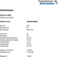 10 Edelstahl V2A Scheiben mit Lappen DIN 93 A2 25