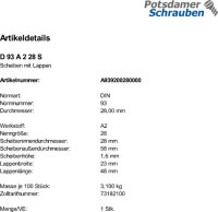 1 Edelstahl V2A Scheiben mit Lappen DIN 93 A2 28