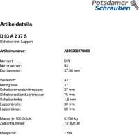 1 Edelstahl V2A Scheiben mit Lappen DIN 93 A2 37