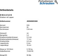 50 Edelstahl V4A Scheiben mit Lappen DIN 93 A4 5,3
