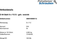100 Splinte DIN 94 verzinkt 8x112