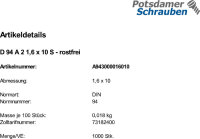 1000 Edelstahl V2A Splinte DIN 94 A2 1,6x10