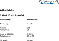 500 Edelstahl V2A Splinte DIN 94 A2 2,5x12