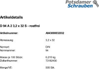 500 Edelstahl V2A Splinte DIN 94 A2 3,2x32