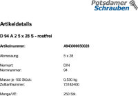 250 Edelstahl V2A Splinte DIN 94 A2 5x28