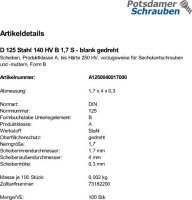 100 Unterlegscheiben DIN 125 Stahl blank 140HV Form B 1,7...