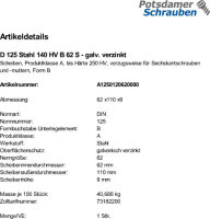 1 Unterlegscheiben DIN 125 verzinkt 140HV Form B 62
