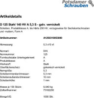 1000 Unterlegscheiben DIN 125 vernickelt 140HV Form A 5,3...