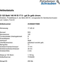 250 Unterlegscheiben DIN 125 gelb chromatiert 140HV Form...