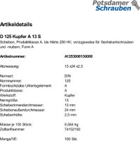 100 Unterlegscheiben DIN 125 Kupfer Form A 13...