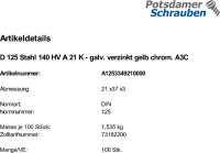 100 Unterlegscheiben DIN 125 gelb verzinkt 140HV Form A...