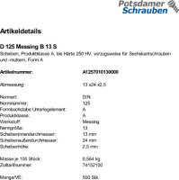 500 Unterlegscheiben DIN 125 Messing Form B 13 Ã˜ M12