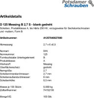 100 Messing Unterlegscheiben DIN 125 blank Form B 2,7 Ã˜ M2,5