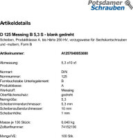 100 Messing Unterlegscheiben DIN 125 blank Form B 5,3 Ã˜ M5