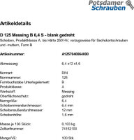 100 Messing Unterlegscheiben DIN 125 blank Form B 6,4 Ã˜ M6