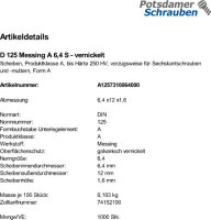 1000 Messing Unterlegscheiben DIN 125 vernickelt Form A...